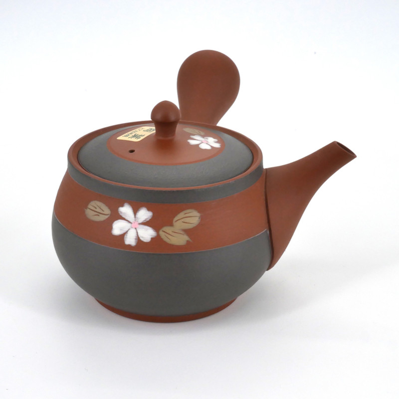 japanese red brown terracotta teapot with sakura flowers TÔYÔ
