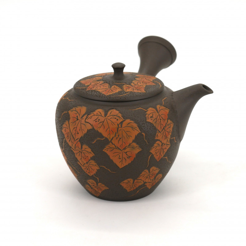 Japanese kyusu brown teapot engraving leaves MANOSHUN