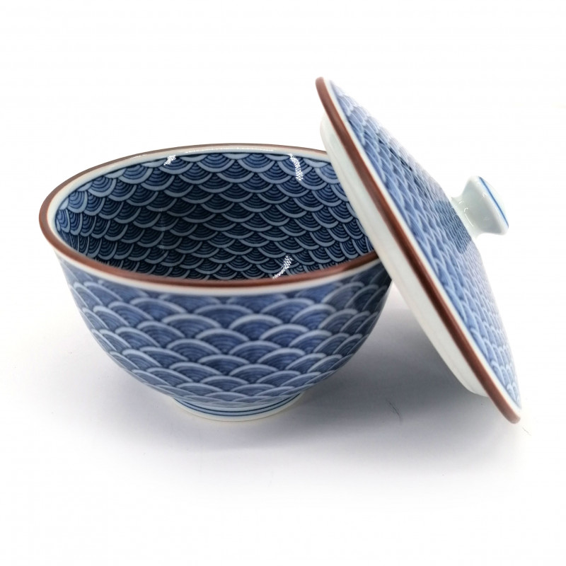 Tazza da tè giapponese con coperchio Chawanmushi, blu SEIGAIHA onde