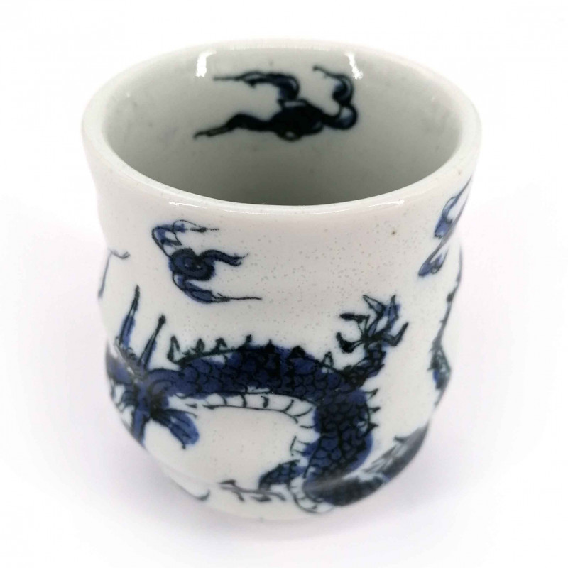 Taza blanca japonesa, estampado de dragón, azul, RYU