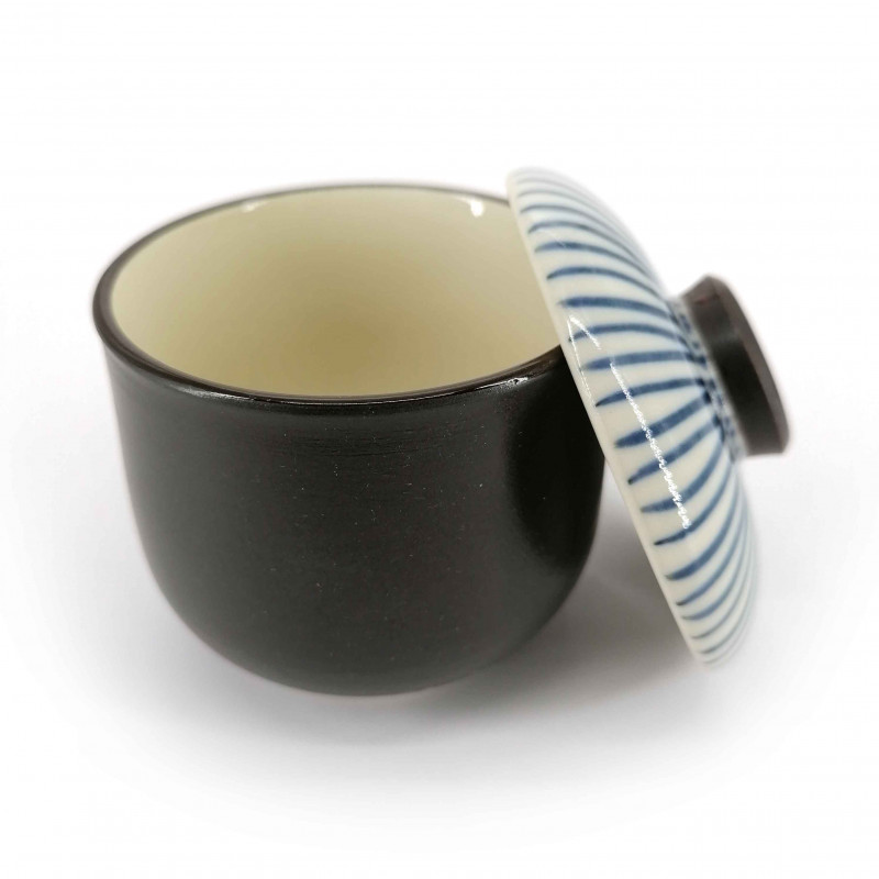 Taza de té japonesa con tapa chawanmushi, TOKUSA, lineas azules