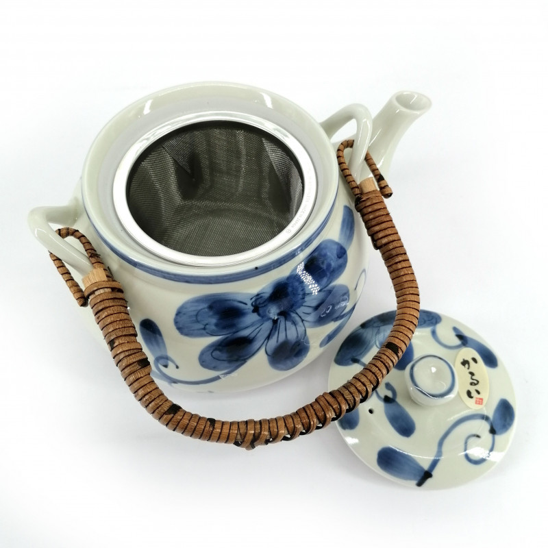 Japanische Keramik-Teekanne, emailliertes Interieur, herausnehmbarer Filter, blaue Blumen, HANA