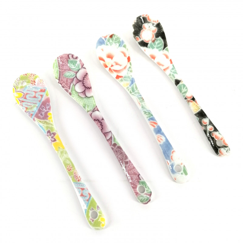 Set of 4 ceramic spoons, colorful flowers, IROTORIDORI NO HANA