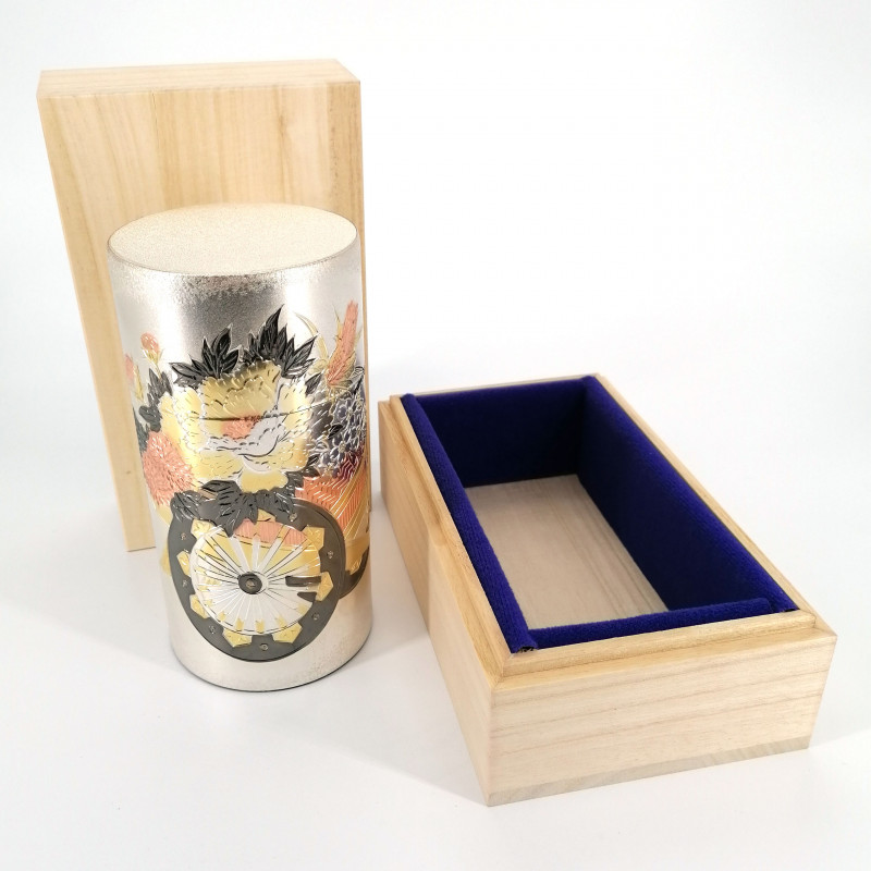 Japanese aluminium tea canister, KOKUSHO MATSURI KATO, silver with wooden box