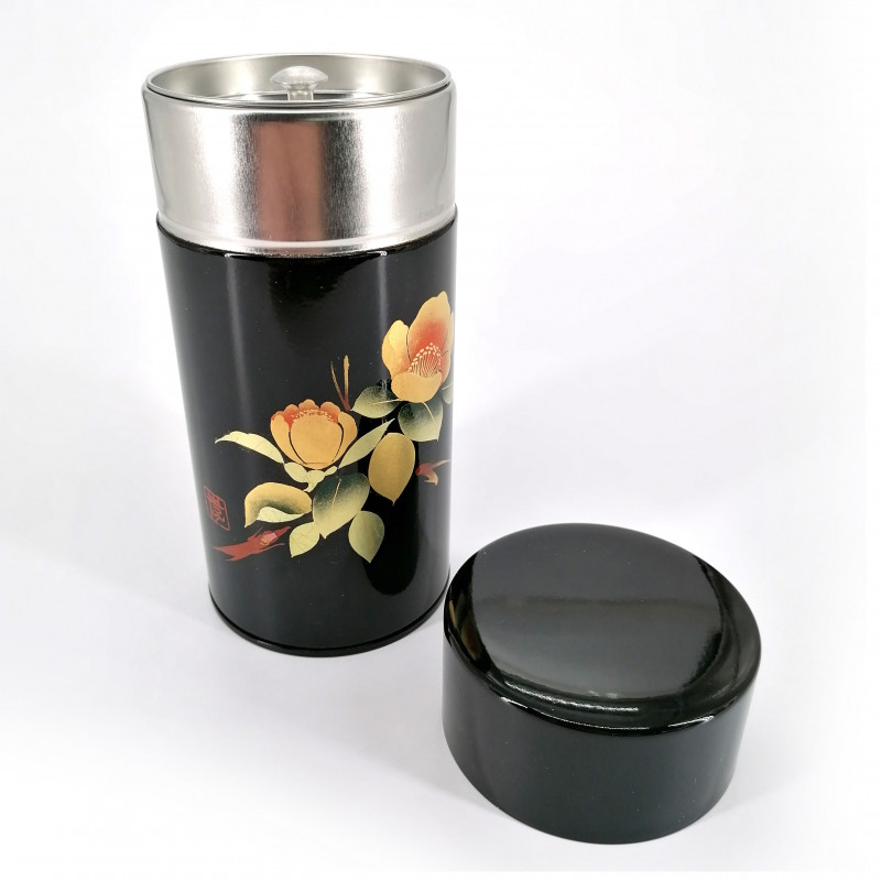 Japanese metal tea box, HONKIN TSUBAKI, black