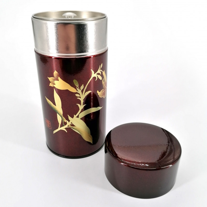 Japanese metal tea box, HONKIN YURI, Burgundy color