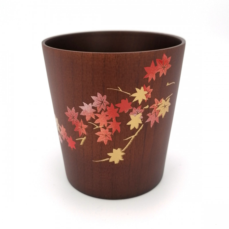 Tasse à thé japonaise en bois natsume foncé motif feuilles d'érable laqué or et argent, MAKIE SAKURA