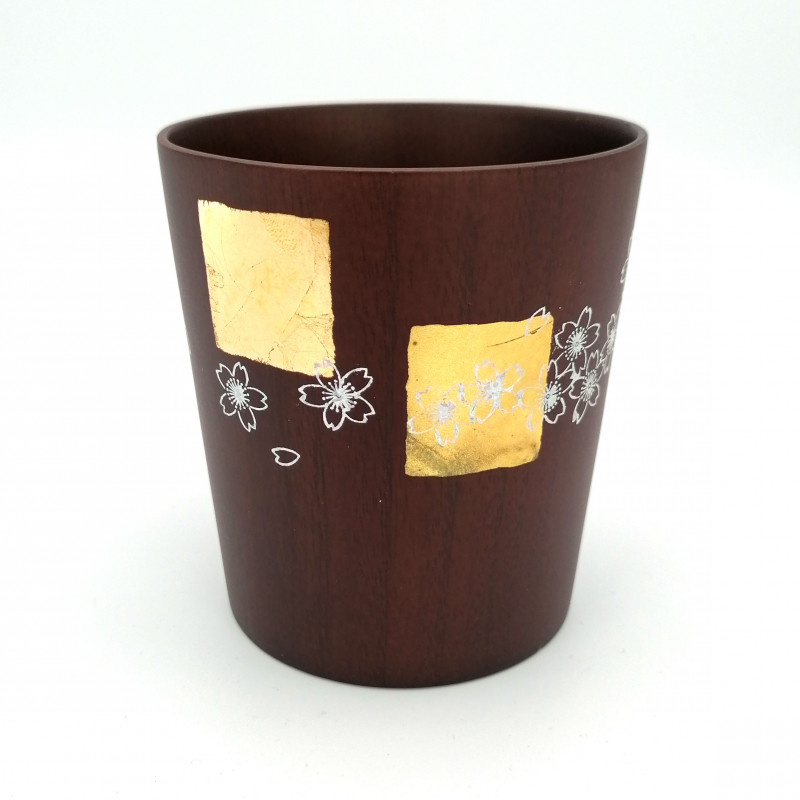 Japanische Teetasse aus dunklem Natsume-Holz mit gold- und silberlackiertem Kirschblütenmuster, MAKIE SAKURA