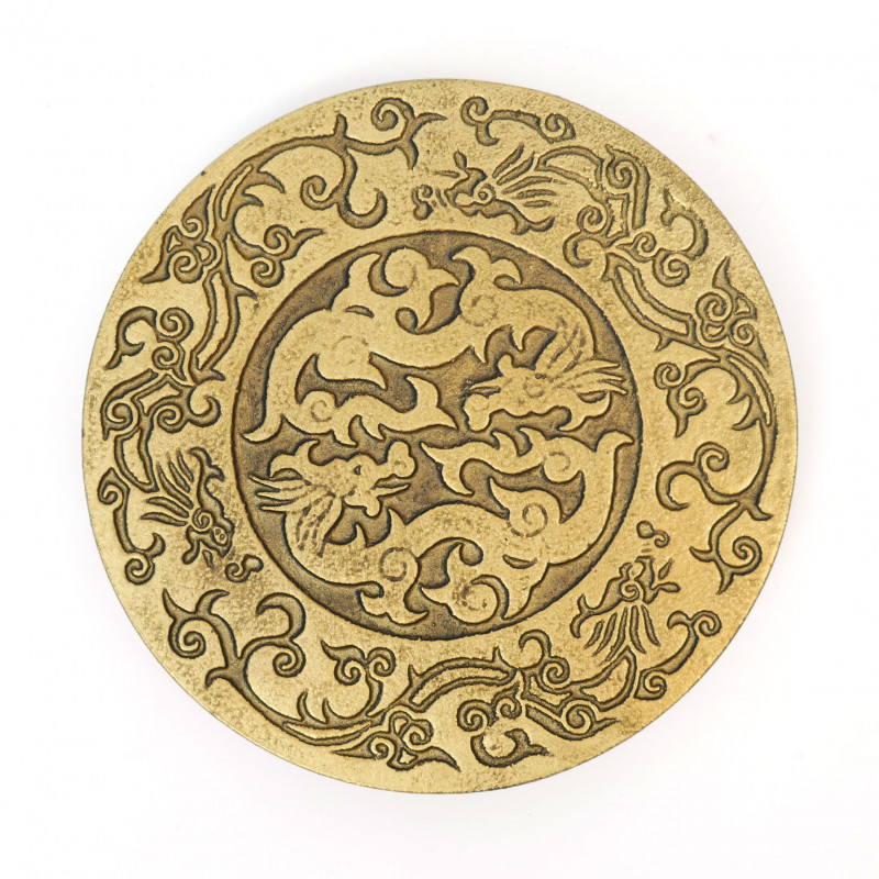 Salvamanteles japonés de hierro fundido negro y dorado, RYU, dragón, 14cm