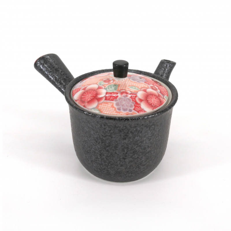 Tetera de cerámica japonesa negra, KOUME, flores rojas