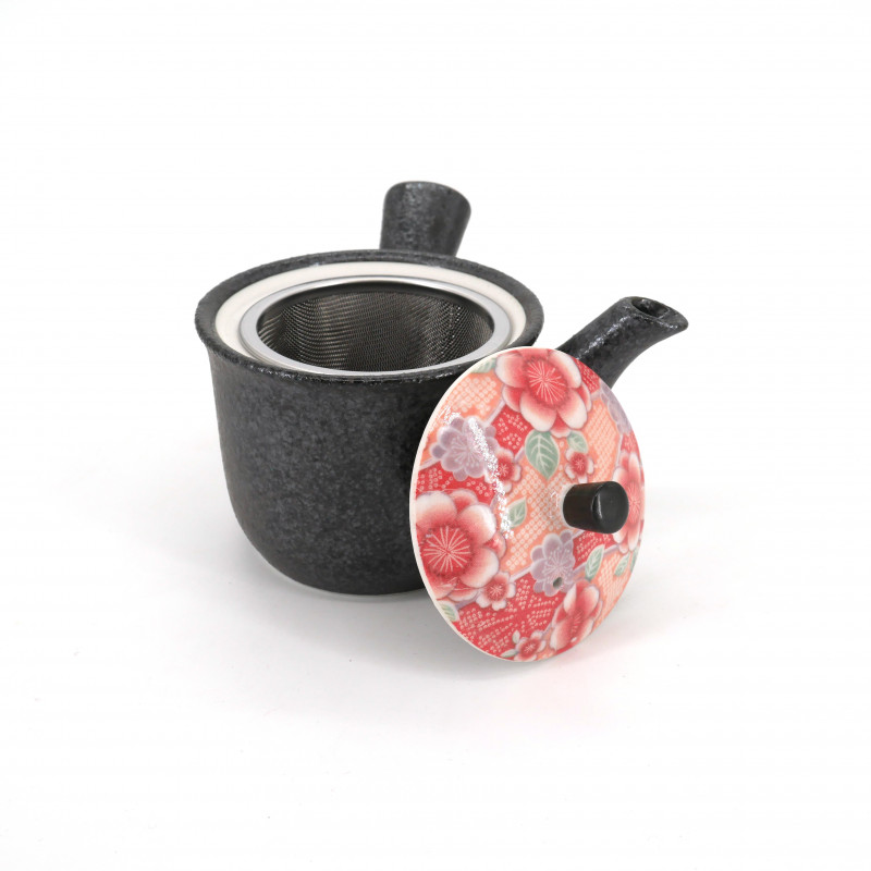 Japanese black ceramic teapot, KOUME, red flowers