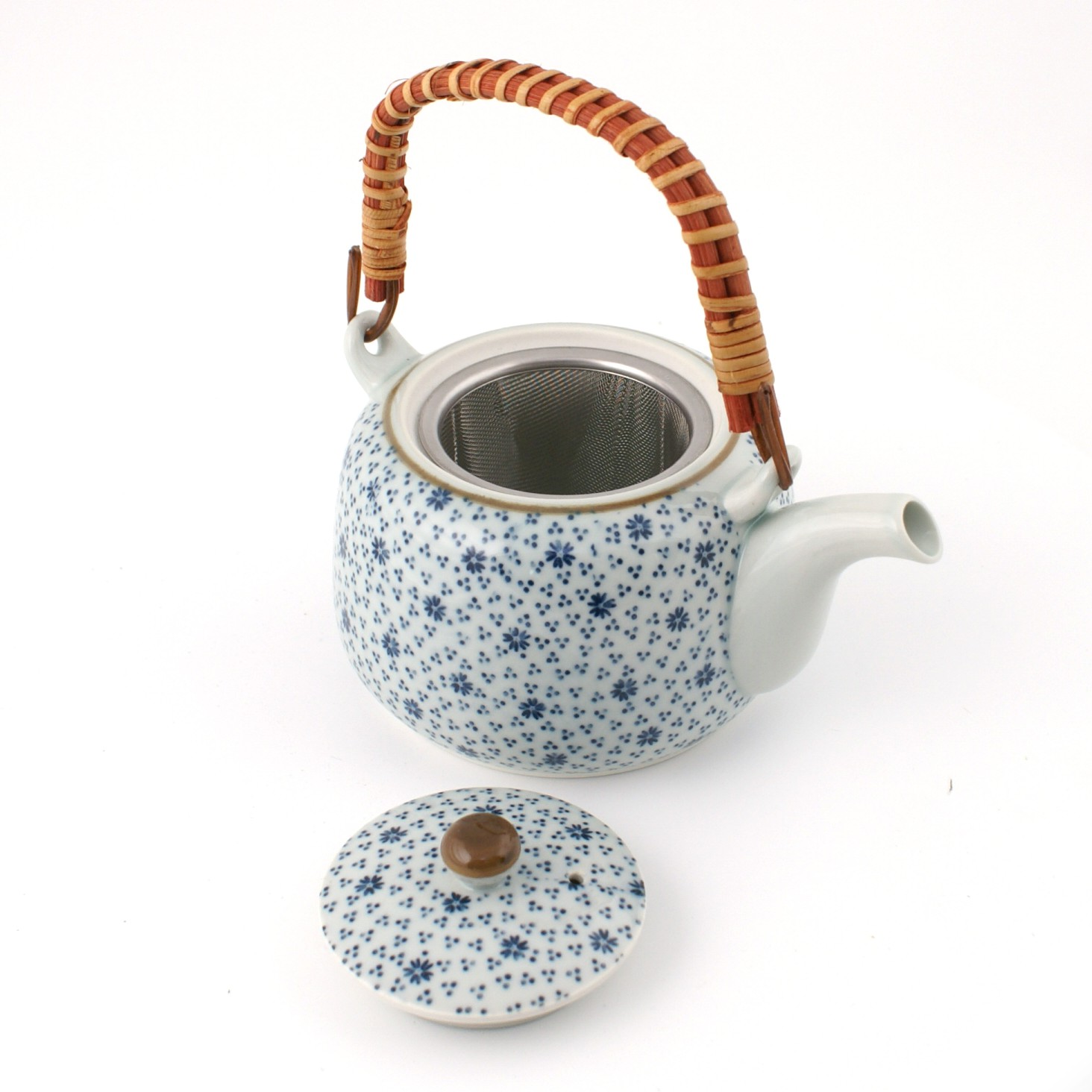 Teiera in ceramica giapponese con manico, IKIWATARU, linea nera e blu