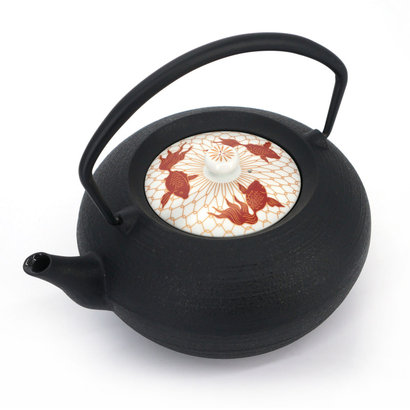 Tetera redonda de hierro fundido de prestigio japonés con tapa de cerámica, CHÛSHIN KÔBÔ HIRATSUBO, Goldfish