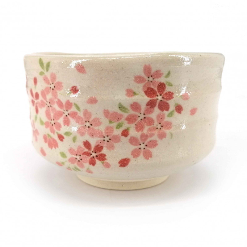 Japanese tea ceremony bowl - chawan, beige, pink flowers, SAKURA