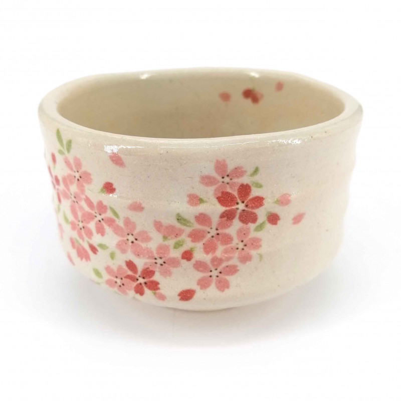 Japanese tea ceremony bowl - chawan, beige, pink flowers, SAKURA