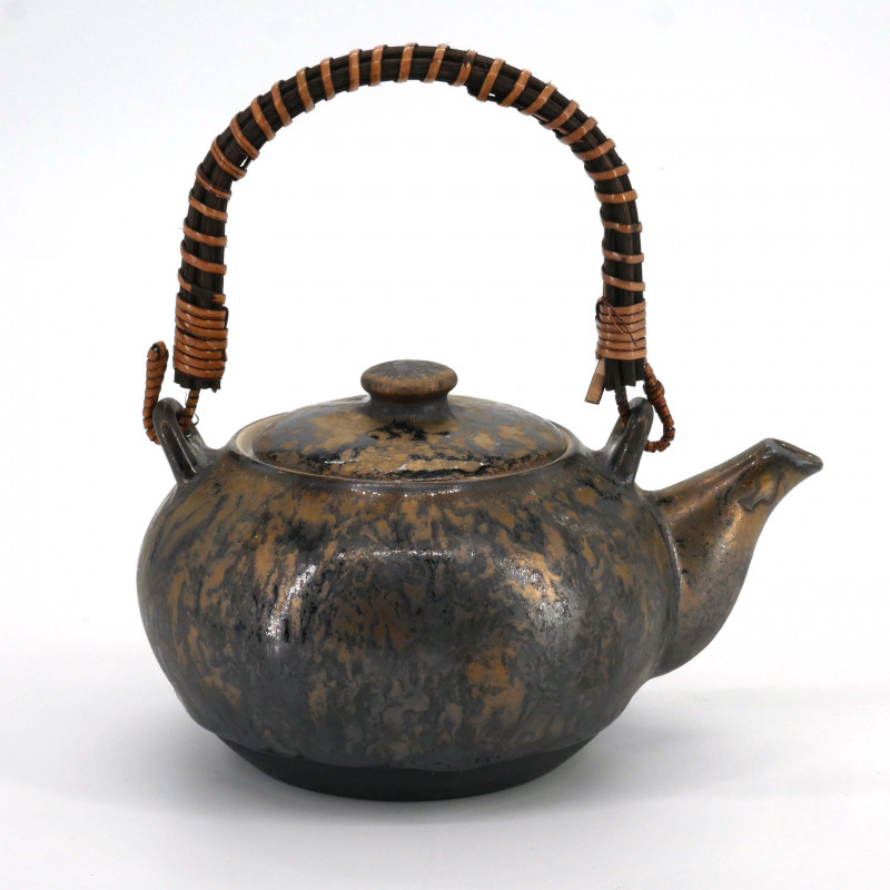 Japanese brown ceramic teapot with bronze effect handle