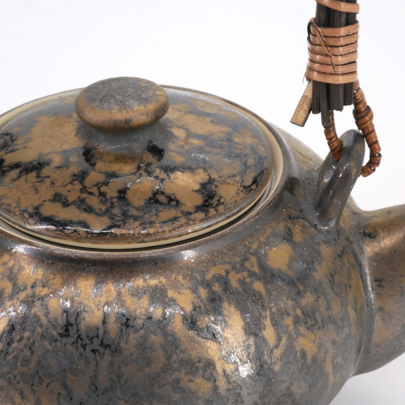 Japanese brown ceramic teapot with bronze effect handle