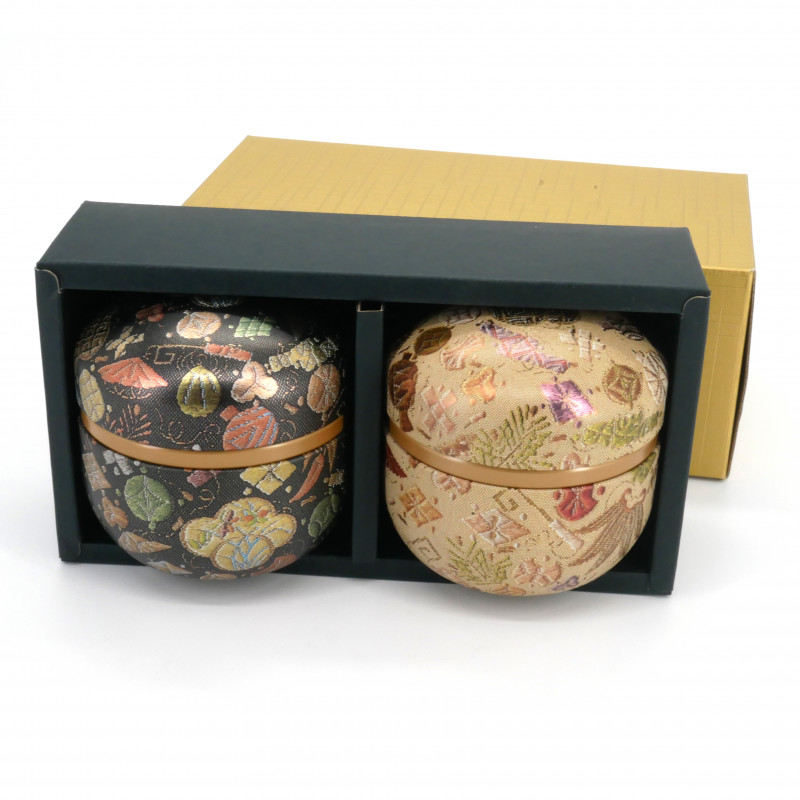 Duo of beige and black round Japanese tea canisters, BEJU NOWARU, 150gr