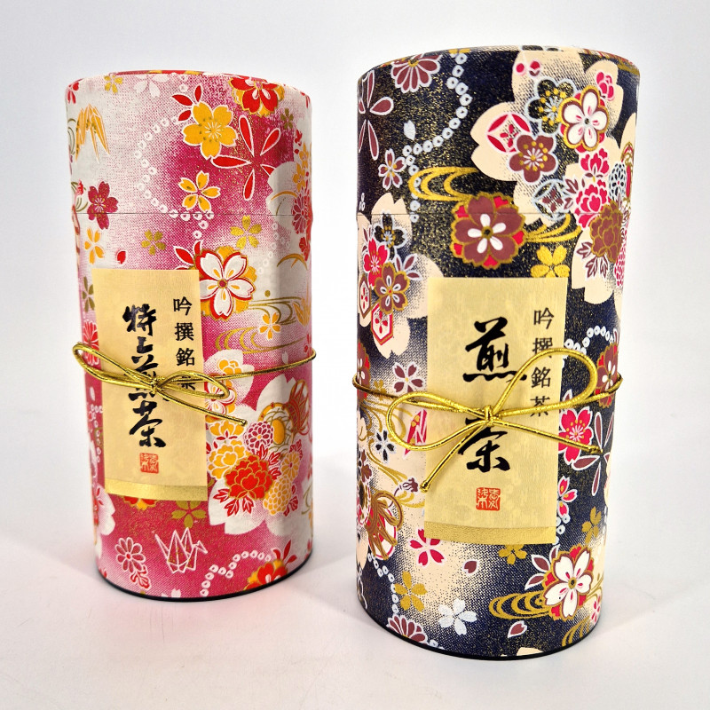 Duo of pink and black Japanese tea canisters covered with washi paper, PINKU NOWARU , 200 g