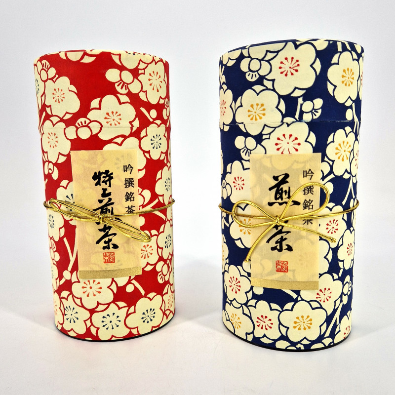 Dúo de cajas de té japonesas azules y rojas cubiertas con papel washi, UMEROMAN, 200 g
