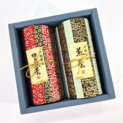 Duo of blue Japanese tea canisters covered with washi paper,  OBI, 200 g