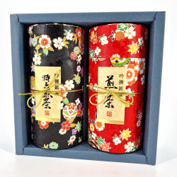 Duo de boîtes à thé japonaises rouge et noir recouvertes de papier washi, HANAYOSE , 200 g