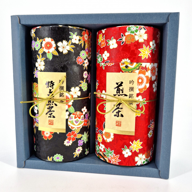 Duo di barattoli di tè giapponesi rossi e neri ricoperti di carta washi, HANAYOSE, 200 g