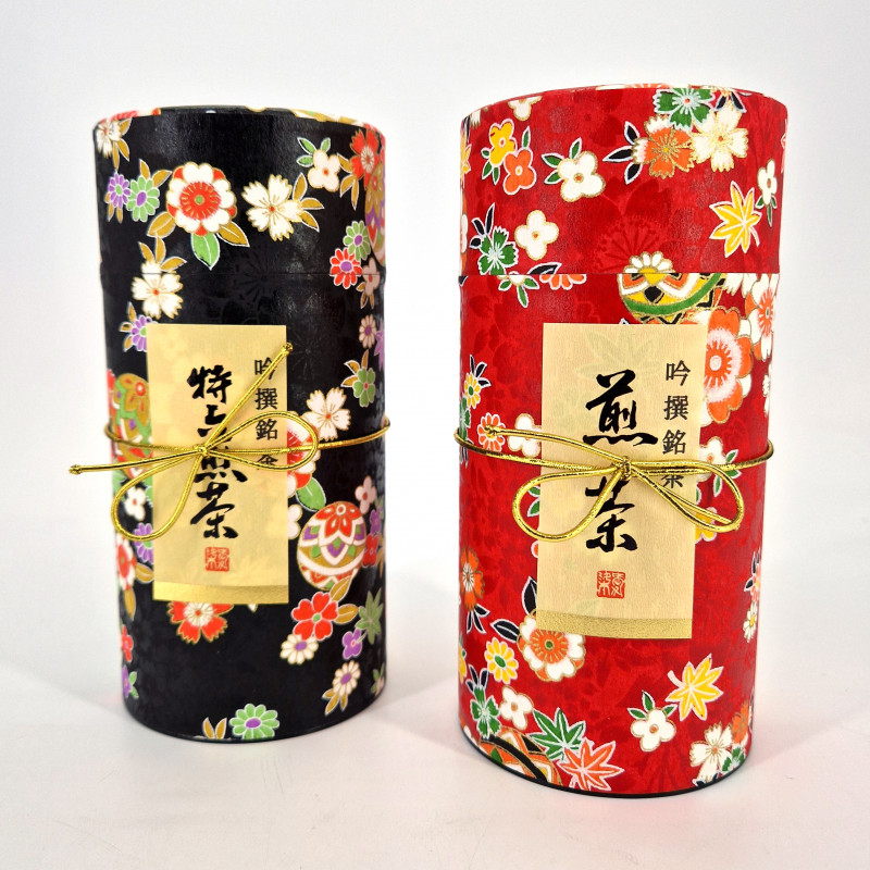 Duo of red and black Japanese tea canisters covered with washi paper, HANAYOSE , 200 g