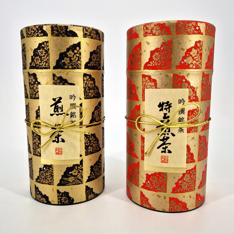 Duo of red and black Japanese tea canisters covered with washi paper,  TENPAKU , 200 g