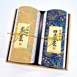 Duo of blue and yellow Japanese tea boxes covered with washi paper, HANAGOYOMI, 200 g