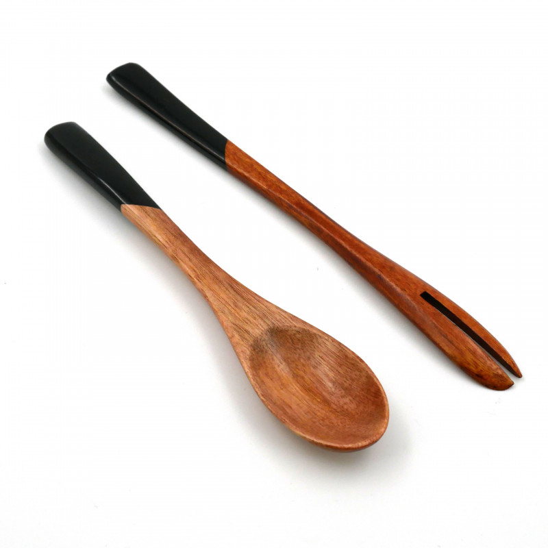 black wooden duo spoon - fork in Japanese for dessert