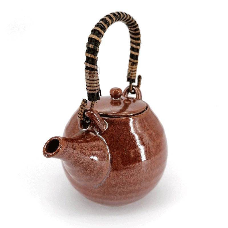 Japanese round ceramic teapot with bamboo handle and filter, brown, GIN GANRYO