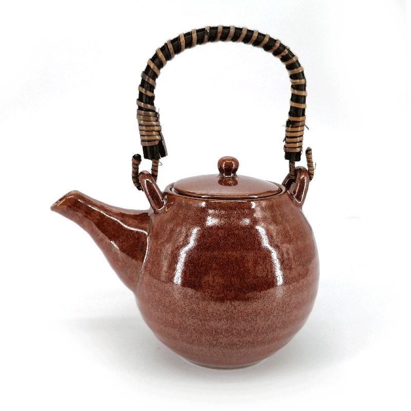 Japanese round ceramic teapot with bamboo handle and filter, brown, GIN GANRYO