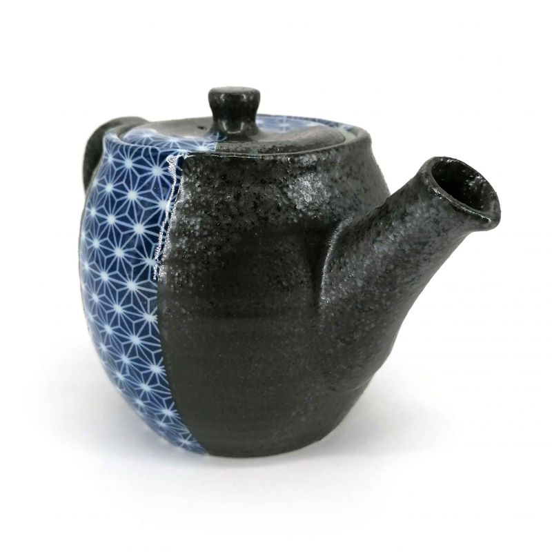 Japanese ceramic teapot with removable filter, black with blue and white patterns - ASANOHA