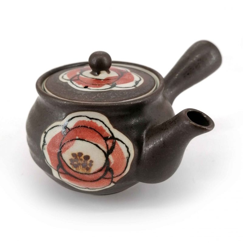 Teiera giapponese in ceramica kyusu con filtro e interno smaltato, nero, fiori grandi - OKINA HANA