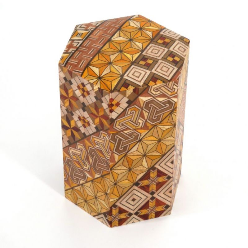 Caja de té hexagonal YOSEGI cubierta con marquetería tradicional Hakone