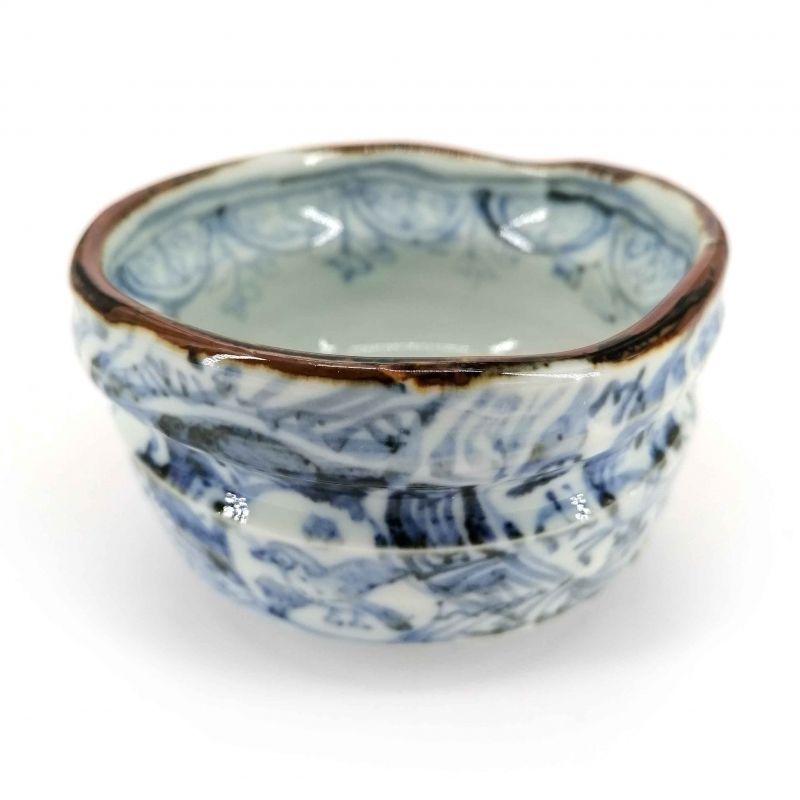 Keramikschale für Teezeremonie, weiß mit traditionellen blauen Mustern - ANSENIKKU