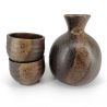 Ceramic sake service, bottle and 2 cups, brown shades - NYUANSU