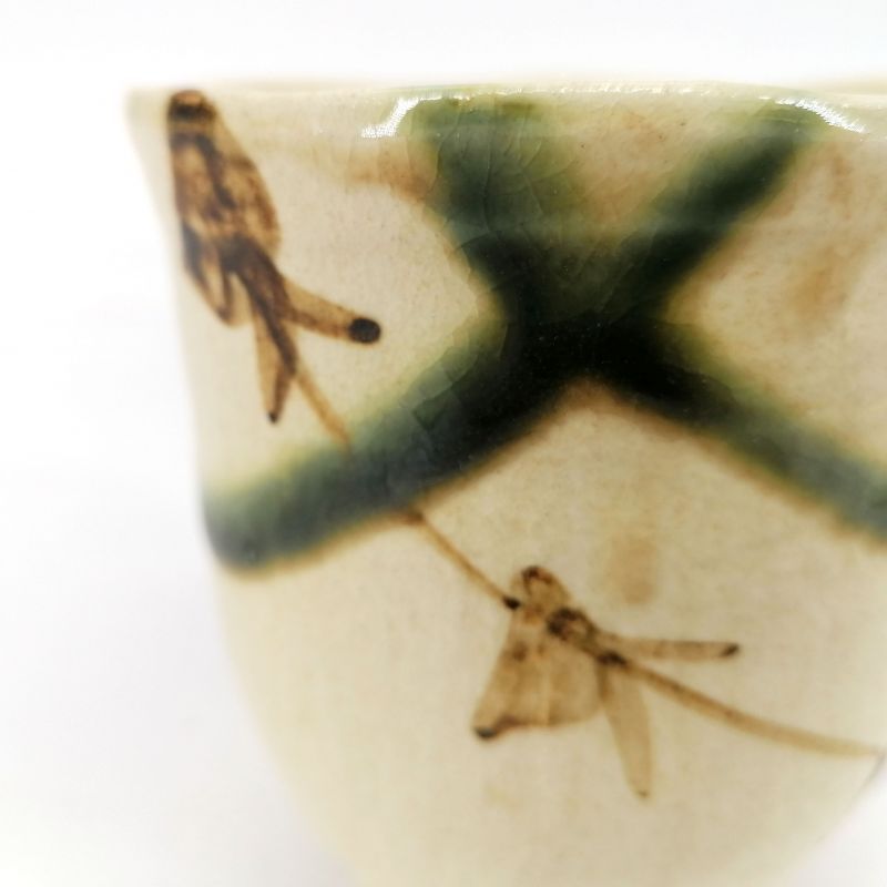 Japanese ceramic tea cup, beige with green lines - BEJU