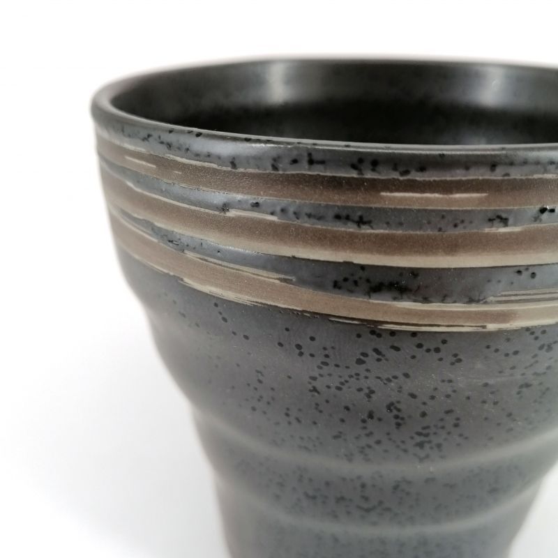 Japanese flared ceramic tea cup, black brown lines - GYO