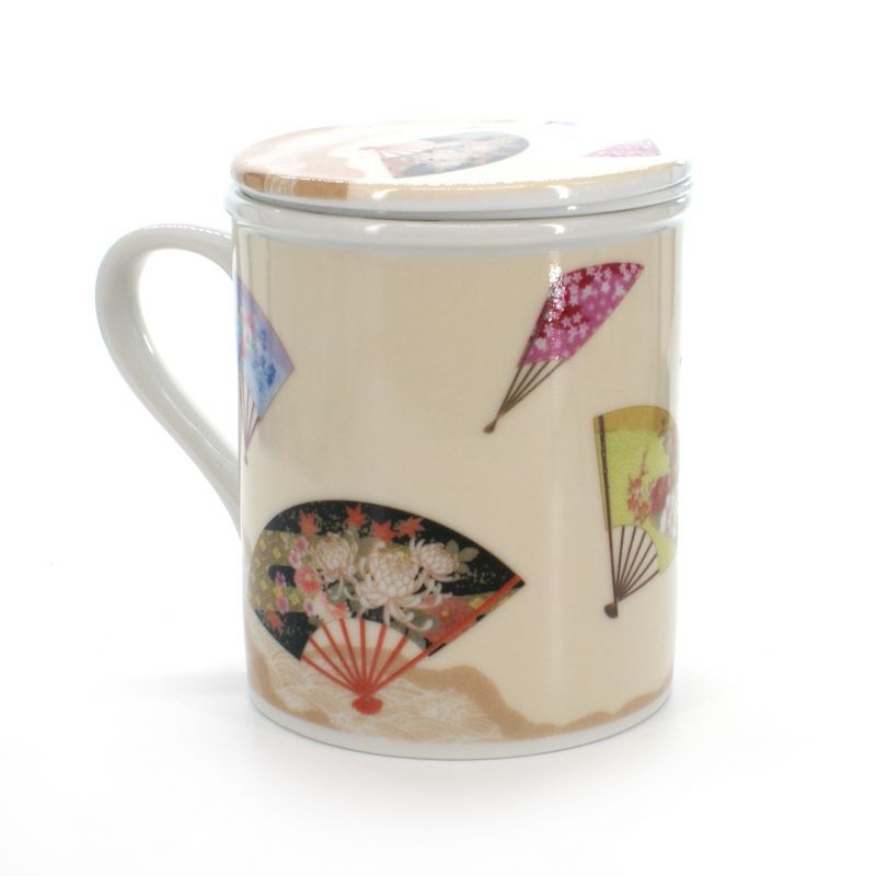 cup with lid and folding fans patterns white ÔGI