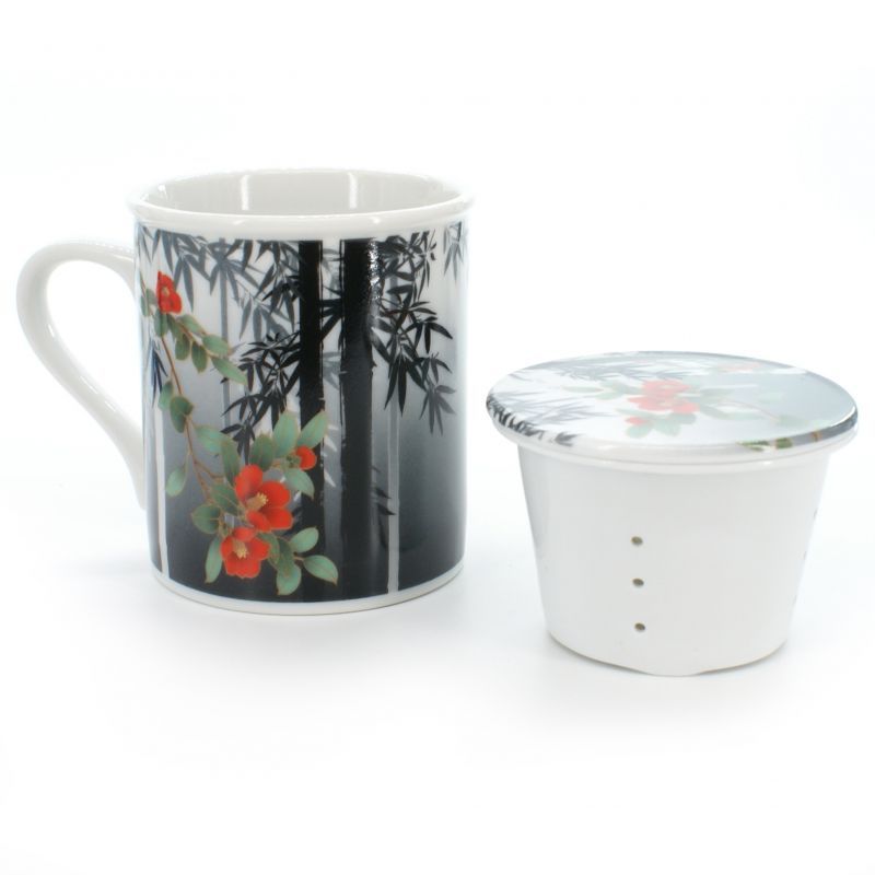 taza tradicional japonesa, SUMIE TAKE BOTAN, flores de bambú y peonía