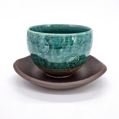 Tasse japonaise en terre bleue et motifs cercles avec soucoupe