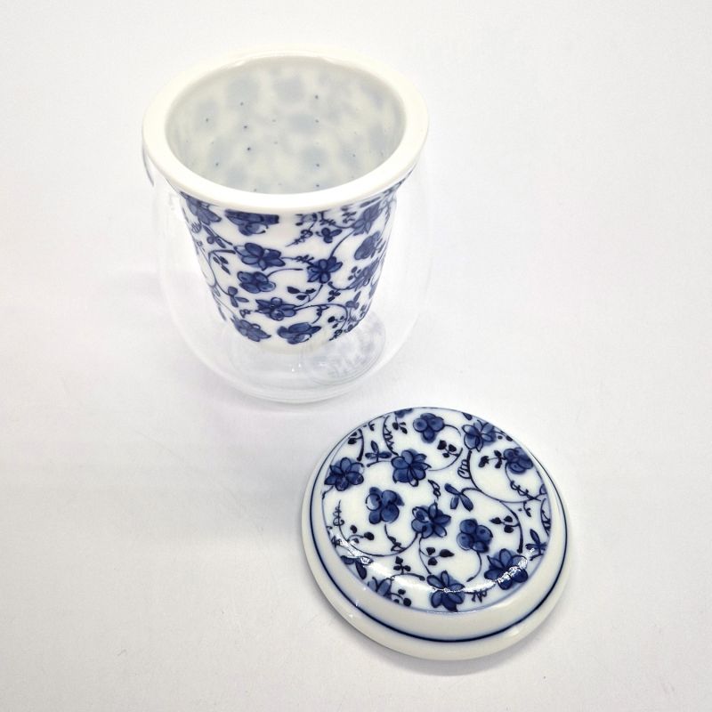 Japanische Teetasse aus Glas und Keramik mit Deckel, blaue und weiße Muster, HANA