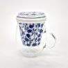 Tazza da tè giapponese in vetro e ceramica con coperchio, motivi blu e bianchi, HANA