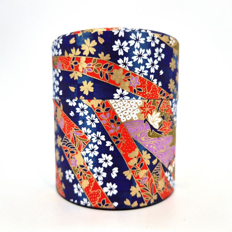 Japanese blue tea box in washi paper, YUZEN RIBON, 150 g