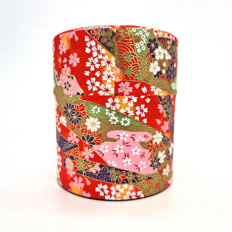 Japanese red tea box made of washi paper, YUZEN RIBON, 150 g