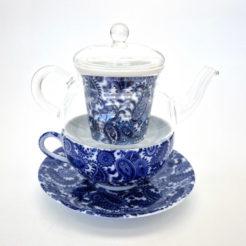 Teiera giapponese in ceramica e vetro fiori bianchi e blu con tazza e piattino, GARASU, 300cc