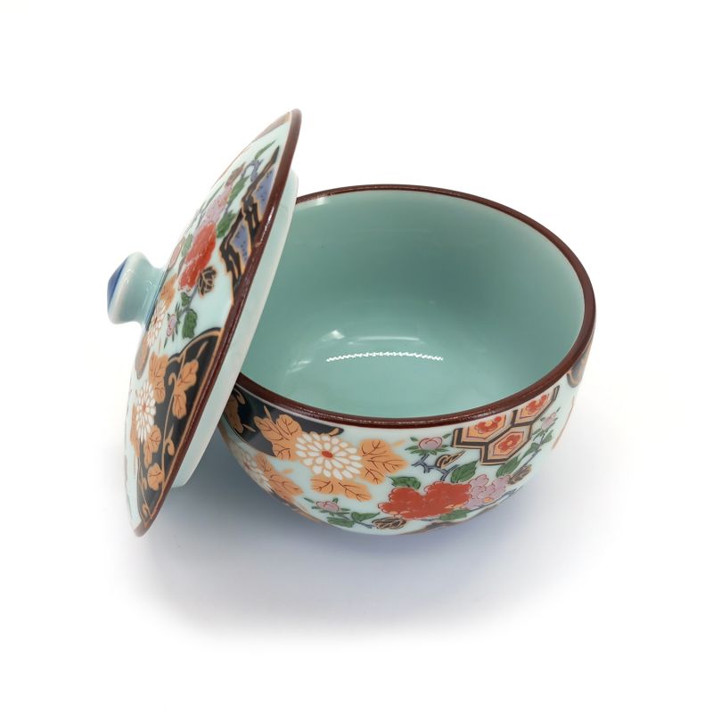 Cuenco de té japonés Chawanmushi de cerámica con tapa, estampado de flores - BOTAN