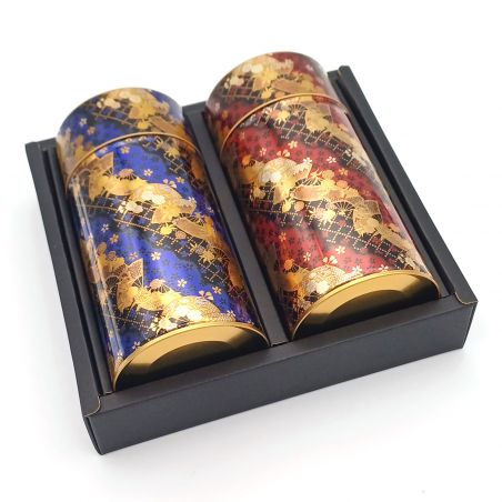 Duo de boîtes à thé japonaises métalliques bleu et rouge, GORUDEN , 200 g